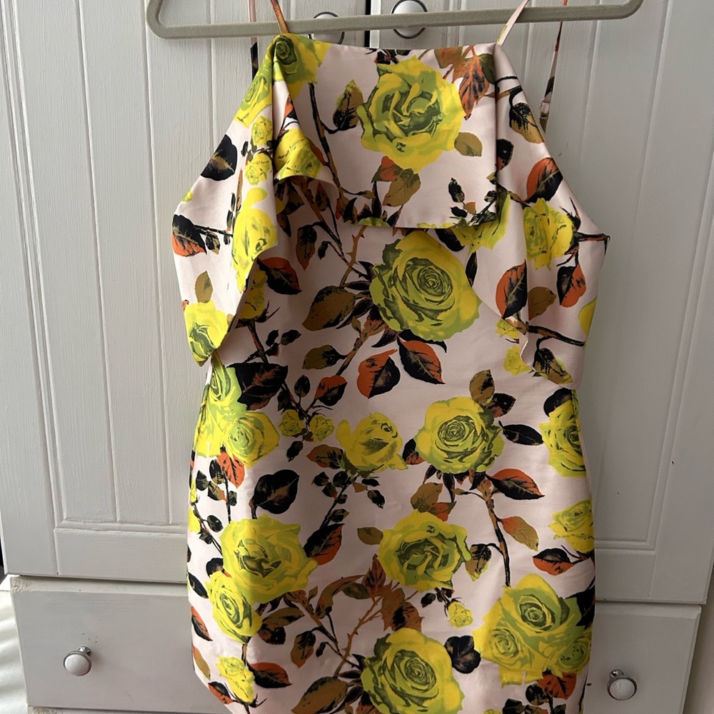 NWT RENN Floral Satin Sleeveless Dress, Yellow Roses w/Back Zipper Thin Straps